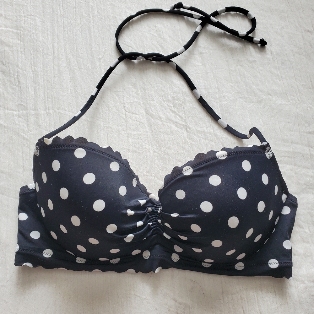 Victoria's Secret Black and White Polka Dot Halter Bikini Top Size 32D